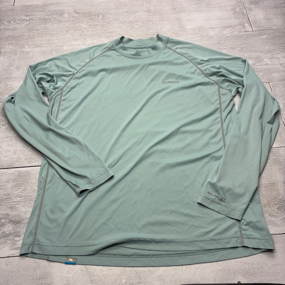 Simms SolarFlex Fishing Shirt Mens L Green Long Sleeve UPF 50 Performance Top